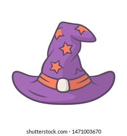 Wizard hat purple color icon. Witch magic cap. Halloween costume accessory. Witchcraft, sorcery fantasy item. Magician, sorceress cap. Isolated vector illustration