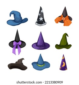 Wizard Hat Set Cartoon. Magic Witch, Halloween Cap, Costume Fantasy, Magician Sorcery, Holiday Wizard Hat Vector Illustration