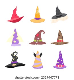 wizard hat set cartoon. magic witch, cap magician, fantasy object wizard hat sign. isolated symbol vector illustration