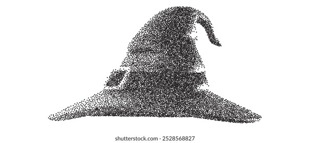 Wizard hat silhouette in grain stipple style. Grunge monochrome dotworks elements. Trendy modern vector illustration.