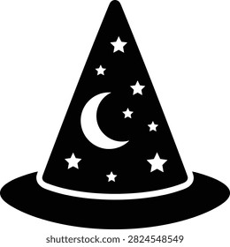 Wizard hat silhouette, moon, stars, magic, fantasy, transparent background.