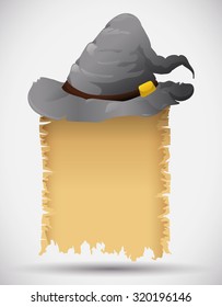 Wizard Hat with Spell Scroll, Vector Illustration