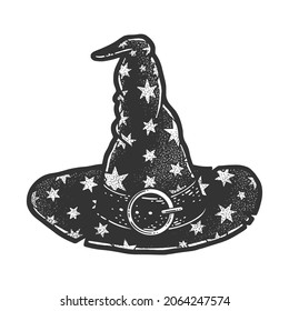 wizard hat with stars sketch engraving vector illustration. T-shirt apparel print design. Scratch board imitation. Black and white hand drawn image.
