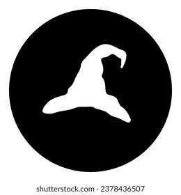 A wizard hat symbol in the center. Isolated white symbol in black circle. Vector illustration on white background