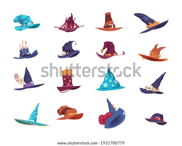 Wizard hats. Cartoon magician wide-brimmed pointed\
headgear. Colorful headdress decorated with fluffy feathers and\
bright ribbons, candles or bells. Vector isolated set of sorcerer\'s\
headwear types