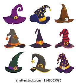 Wizard hats flat vector color illustrations set. Witch caps pack. Halloween costume element collection. Festive carnival headwear. Sorceress headdress isolated on white background