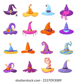 Wizard hats. Witch or sorceress decorative hat with pumpkins spiders and web. Different halloween head costume accessories, spooky neoteric vector clipart