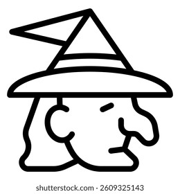 Wizard head line icon, halloween concept. Vector graphics. Woman face witch sign on white background, style mobile or design