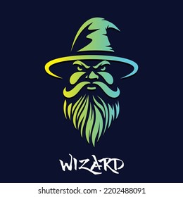 wizard head logo with long hat and long beard