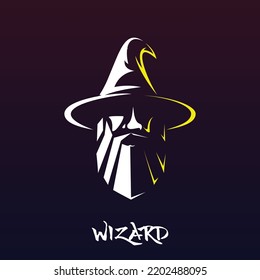 wizard head logo with long hat and long beard