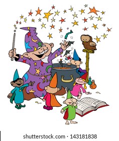 Wizard with his young Apprentices in Magic Workshop 