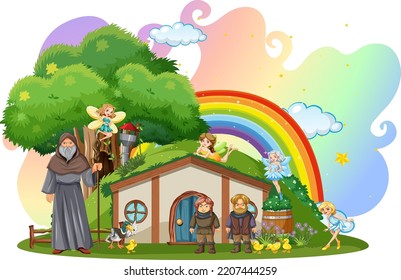 Wizard hobbit and fairies at magic house isolated illustration