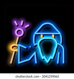 Wizard Hold Wand neon light sign vector. Glowing bright icon Wizard Hold Wand sign. transparent symbol illustration