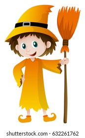 Wizard holding magic broom illustration