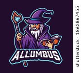 Wizard holding magic stick mascot and cartoon logo for esports