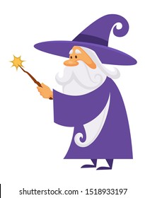 Wizard holding a magic wand with star, magician and sorcerer isolated character vector. Warlock man in robe and magical stick, magic medieval spelling, merlin. Male witchcraft, hat and mantle, mystery