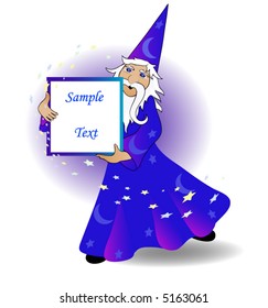 Wizard holding a sign, fill in your own text.