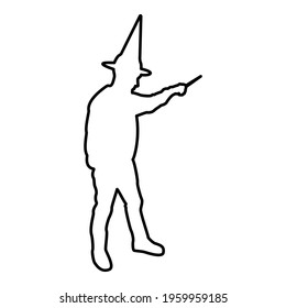 Wizard holds magic wand trick Waving Sorcery concept Magician Sorcerer Fantasy person Warlock man in robe with magical stick Witchcraft in hat mantle Mage conjure Mystery idea Enchantment contour 