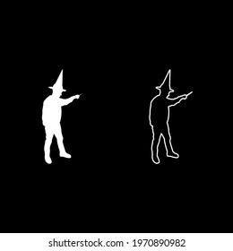 Wizard holds magic wand trick Waving Sorcery concept Magician Sorcerer Fantasy person Warlock man in robe with magical stick Witchcraft in hat mantle Mage conjure Mystery idea Enchantment silhouette 