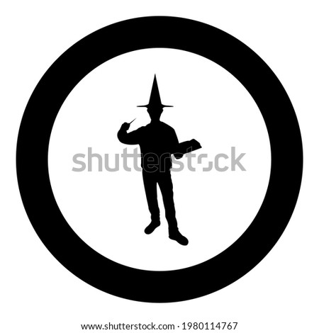 Wizard holds magic wand trick book Waving Sorcery concept Magician Sorcerer Fantasy person Warlock man in robe with magical stick Witchcraft in hat mantle Mage conjure Mystery idea Enchantment 