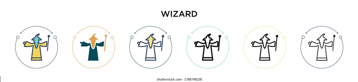 Wizard icon in filled, thin line, outline and stroke style. Vector illustration of two colored and black wizard vector icons designs can be used for mobile, ui, web