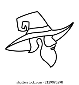 Wizard icon. Linen portrait of sorcerer in magical hat. Elderly person, witchcraft costume, wide brimmed witch hat with conical shape. Editable stroke illustration for design, cover, banner.