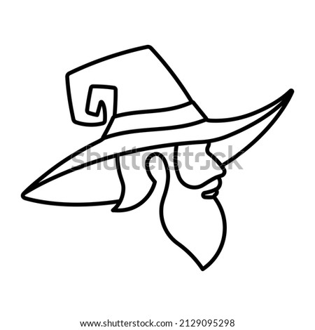 Wizard icon. Linen portrait of sorcerer in magical hat. Elderly person, witchcraft costume, wide brimmed witch hat with conical shape. Editable stroke illustration for design, cover, banner.