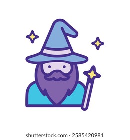 A wizard icon with magical sparkles and a purple hat