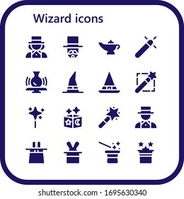 wizard icon set. 16 filled wizard icons. Included Magician, Magic lamp, Magic, Potter, Witch, Magic wand, Wand, hat icons