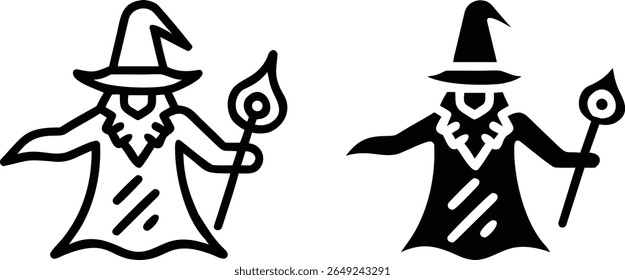 Wizard Icon Set – Black and White Magical Sorcerer with Staff and Hat Vector Illustration