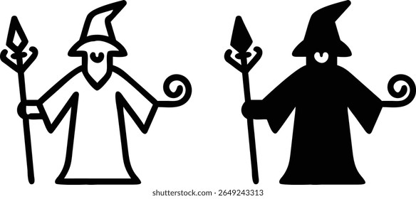 Wizard Icon Set – Black and White Magical Sorcerer with Staff Vector Illustration