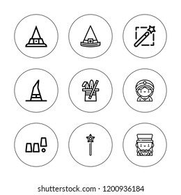 Wizard icon set. collection of 9 outline wizard icons with magic trick, magic wand, magician, seer icons. editable icons.