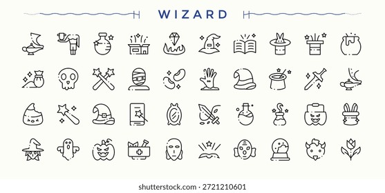 Conjunto de iconos del asistente. Paquete de iconos mínimos. Contiene milagros, magia, misterio, magia, mago. Trazo editable. Pixel perfecto. Conjunto de iconos lineales misteriosos.