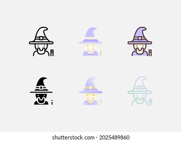 Icono del asistente en seis estilos, contorno, plano, contorno de color, glifo, gradiente plano y estilo de línea de degradado. Adecuado para el evento de Halloween.