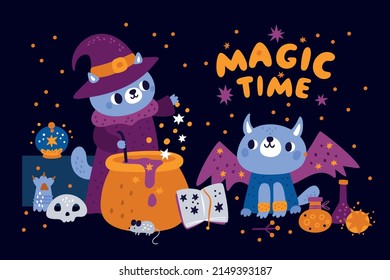 Wizard illustration. Kitten sorcerer brews magic potion in boiler. Alchemy and witchcraft accessories. Halloween character. Kitties in hats and capes. Fairytale warlocks