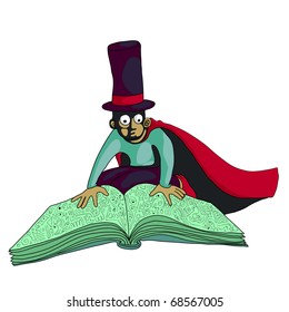 Wizard kid and ancient manuscript. A young wizard trying to interpret the mysterious signs traced on an ancient manuscript. Editable file available in EPS and AI formats.