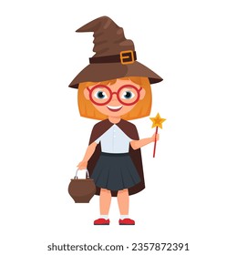 Wizard kid halloween. Trick or treat tradition, spooky festival, horror holiday vector cartoon illustration