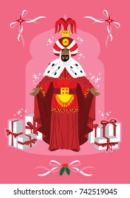 Wizard King Balthazar, smiling, surrounded by gift boxes, on a Christmas background.