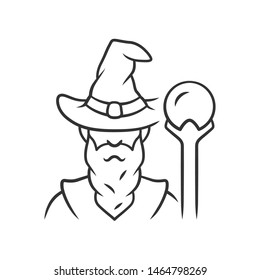 Wizard linear icon. Thin line illustration. Sorcerer, magician in hat. Old wise man, fantasy druid. Fairytale warlock with beard. Contour symbol. Vector isolated outline drawing. Editable stroke