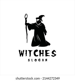 wizard logo icon magic hat design mascot  character witch fantasy isolated illustration symbol vector black silhouette