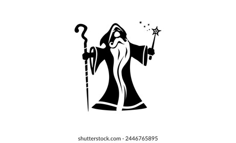 wizard with a long beard, black isolated silhouette