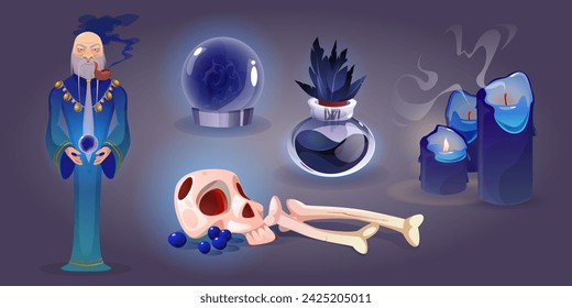 Wizard with long grey beard and staff for wizardry. Cartoon vector set of magician in robe with magic tool, dark ball for witchcraft , potion in glass bottle with black feathers, skull and bones.