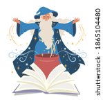 Wizard, mage cooking potion in cauldron and reading spell book, flat vector illustration. Warlock, sorcerer, old beard man in blue wizards robe, hat. Mystery, fantasy, witchcraft, magic Merlin spells.