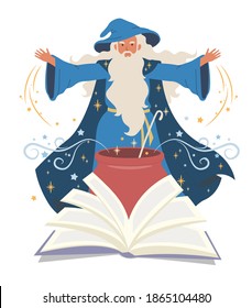 Wizard, mage cooking potion in cauldron and reading spell book, flat vector illustration. Warlock, sorcerer, old beard man in blue wizards robe, hat. Mystery, fantasy, witchcraft, magic Merlin spells.