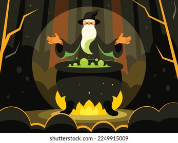 Wizard, mage cooking potion in cauldron. Warlock, sorcerer, old beard man in black wizards robe, hat. Mystery, fantasy, witchcraft, magic spells. Vector graphics