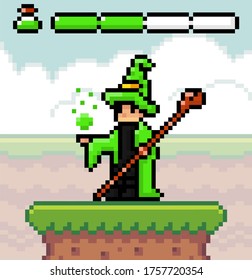 Wizard or mage in green mantle and hat with a staff. Man conjures, force line with poison. Pixel character for mobile game, 8bit abstract object. Icon for computer, phone game, videogame in 80s style