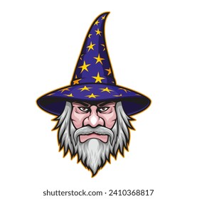 Wizard or mage mascot character. Isolated vector sorcerer face. Cartoon bearded magical and enchanting warlock personage wear astrologer hat with stars, represents wonder and whimsy for team or brand