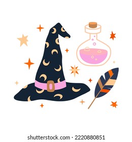 Wizard, Mage or Witch Set. Halloween Vector illustration with magician objects - potions bottle, witch hat, stars, bird feather. Magic items.