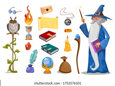 Wizard with magic attributes on white background vector illustration. Collection of magical symbols. Owl hourglass ball candle bag book and tongues of flame. Sorcery concept