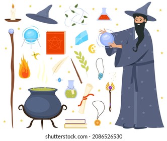 Wizard with magic attributes on white background vector illustration. Collection of magical symbols. Set of magician tools and male wizard character.